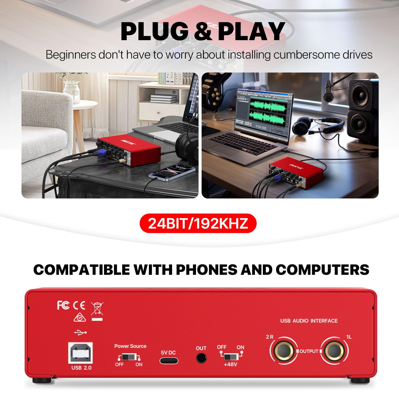 USB Audio Interface 2 In 2 Out, EBXYA Type C USB Sound Card with Included C Cable & USB-A to USB-B, Plug and Play Recording Interface for PC, Mac & Home Studio