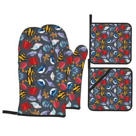

PUREYAH Oven Mitts And Pot Holders Sets Kitchen Sea Animals Fish Shells Crab Oven Gloves Hot Pads Heat Resistant 4 Pieces