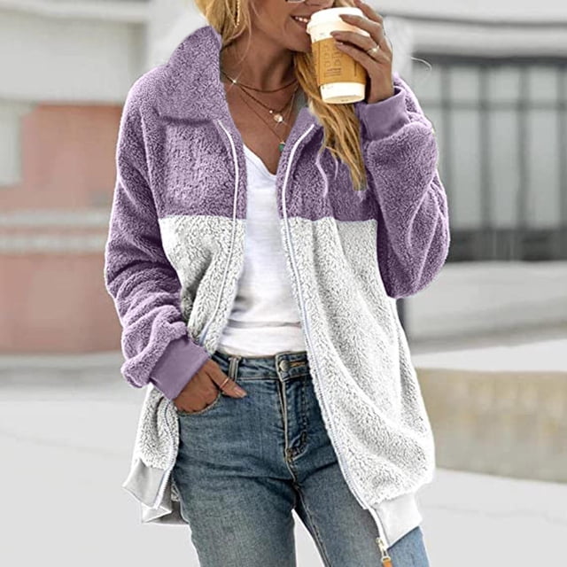Liquidation à Moins de 7! Mode Femme Sevevn Manches Longues Col Rabattu Patchwork Fermeture Éclair Poches Blouse Manteau Décontracté Ventes en Liquidation Offres en Ligne Vin