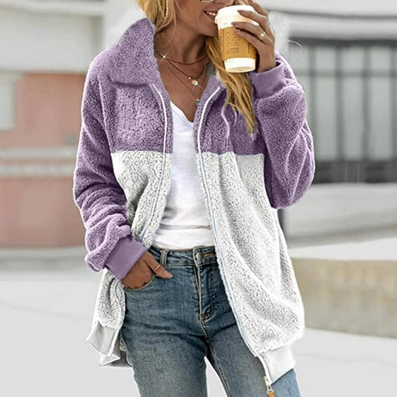 Ofreoo Fashion Woman Long Sleeve Turndown Collar Patchwork Zipper Pockets Blouse Causal Tops Coat Fall Tops for Women 2024 Deal of the Week