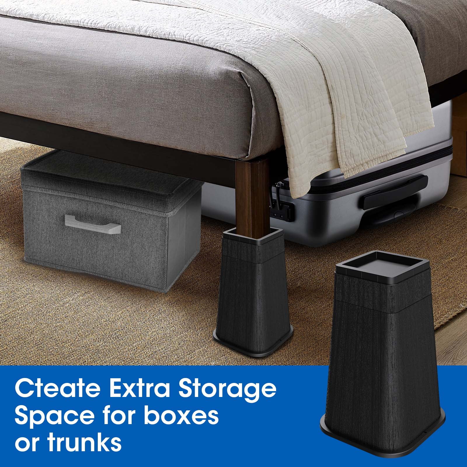 Bed Risers 10 Inch Heavy Duty, Stackable Furniture Risers Lifts 2inch 8inch, 10inch for Table, Desk Leg, Sofa, Couch, Supports Up to 6,000 Lbs, Black, 4 Pack