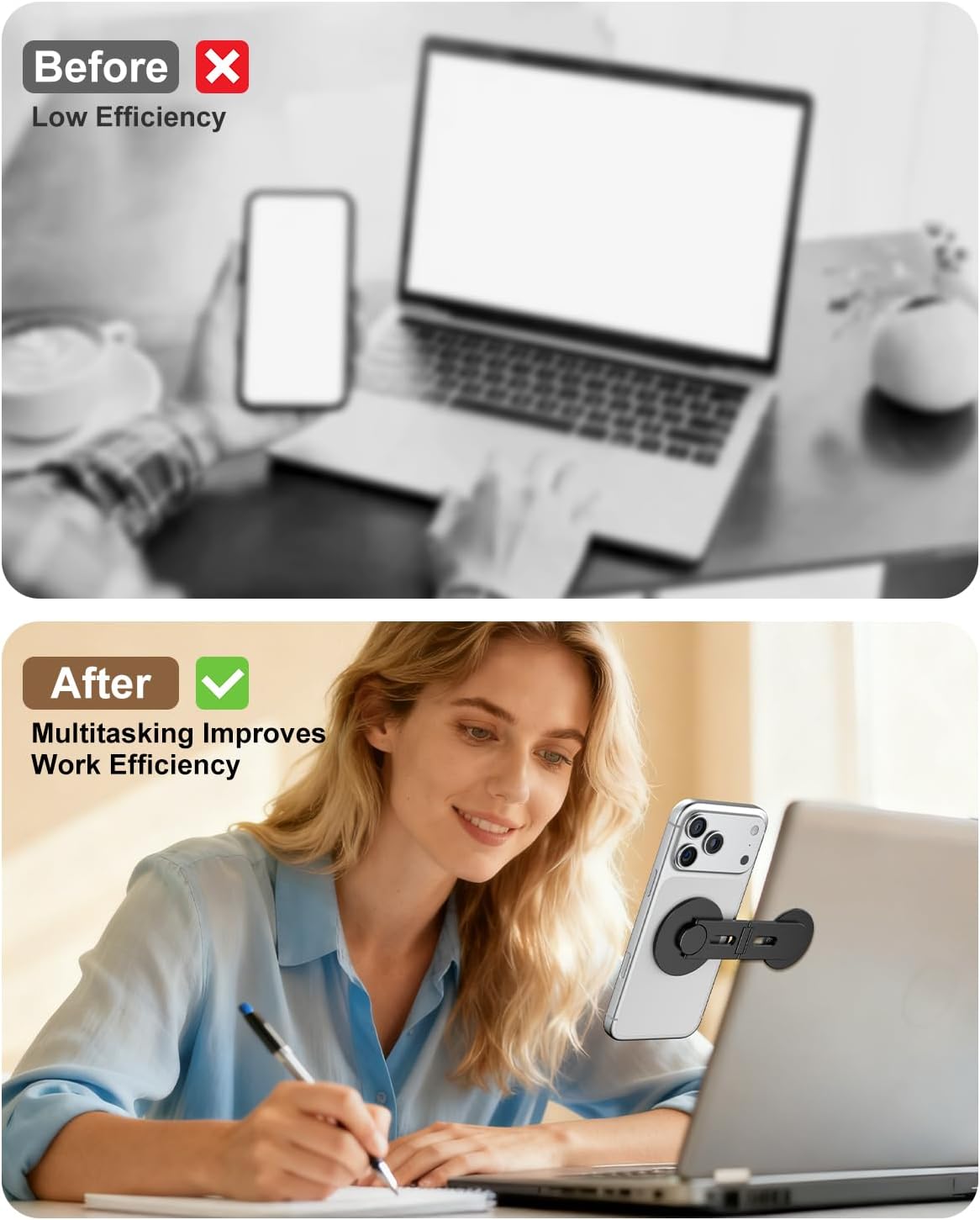 Magnetic Phone Laptop Holder Mount, Foldable Hidden Portable Stand for iPhone 17/16/15/14/13 & All Phone, Clamp for Monitor Side, Compatible with Laptop, Desktop, Tesla Model 3/ Y, Black