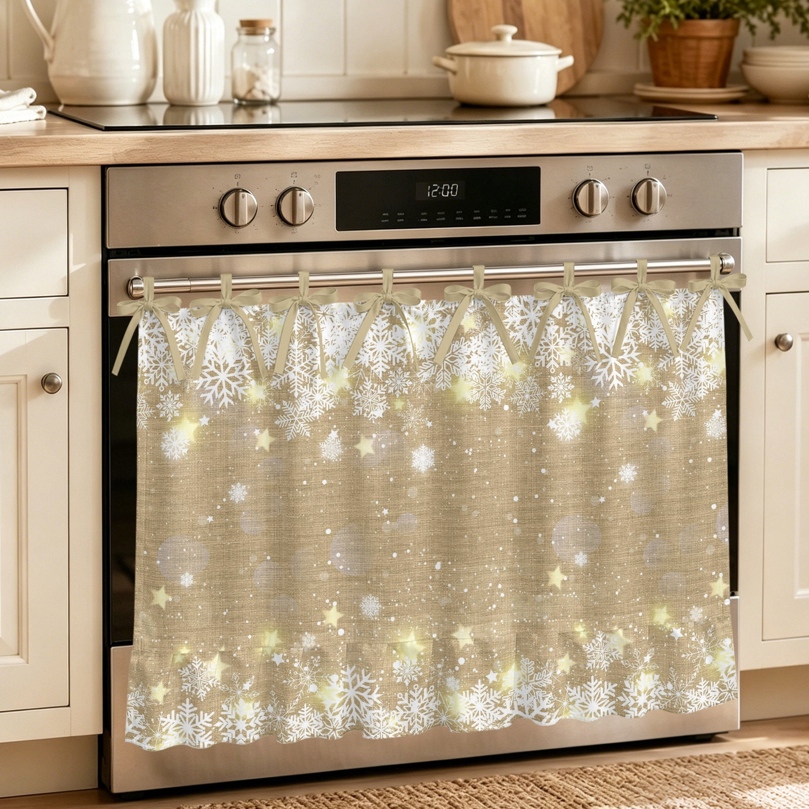 Oven Curtain for Kitchen Christmas Snowflake Yellow Star on Brown Stove Curtain With Ruffled Trim Dishwasher Curtains Winter Snow Scene Oven Skirt 32 x24