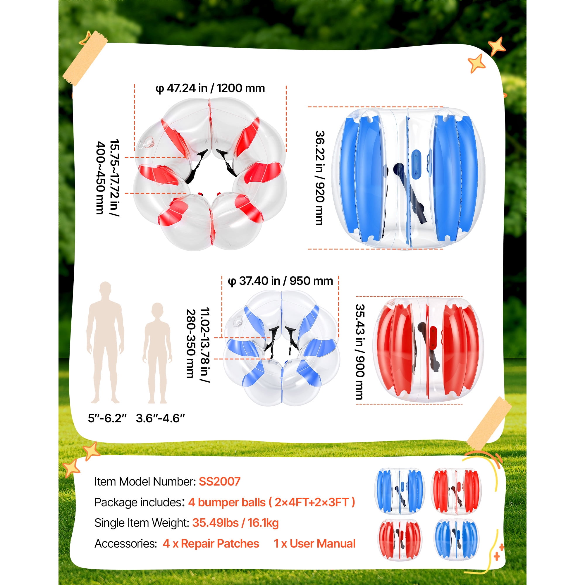 KFFKFF Set of 4 Inflatable Bumper Balls in 3FT and 4FT Sizes, Blue and Red, Designed for Kids and Teens, Ideal for Backyard, Camping, Picnics, Made from Durable PVC Material with Handles for Easy Use