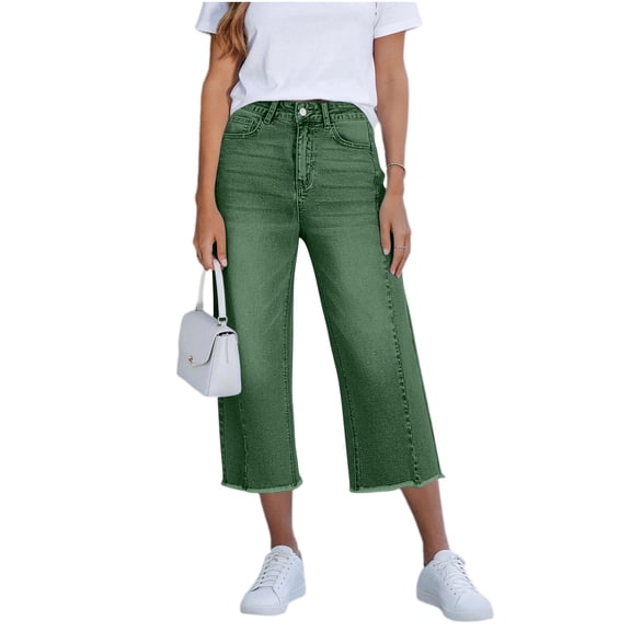 Yoga Capris Plus Size New Capri Jean for Women Summer Straight Leg Versatile Cropped Pants Fashion Frayed Hem Denim Capri Pants with Pocket Green XXL