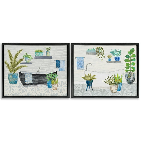 Stupell Industries Charming Botanical Bathroom Bath & Laundry Painting Black Floater Framed Canvas Art Print Wall Art, 21 x 17, Set of 2