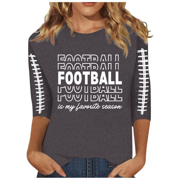 Women's Casual Rugby Letter Printed T-Shirt Ladies Round Neck Three Quarter Sleeve Soft Comfortable Stylish Top