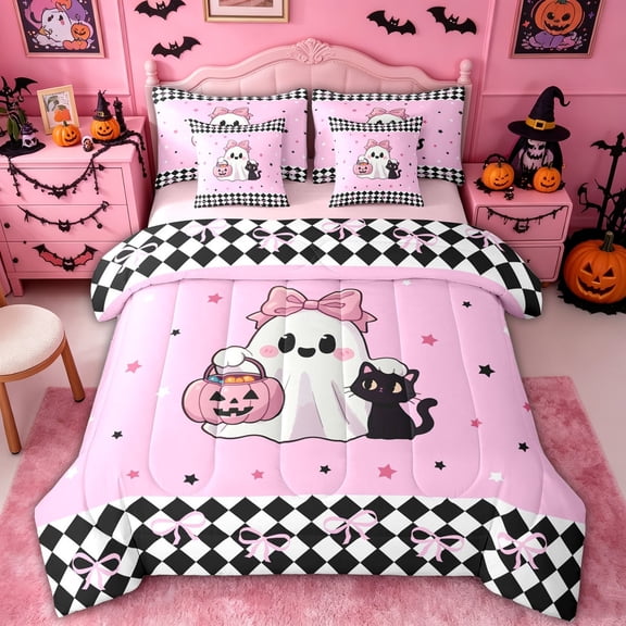Homewish Cartoon Bow Ghost Cat Twin Bedding, Sugar Halloween Pumpkin Bedding Comforter Set, Pink Reversible, 7pcs