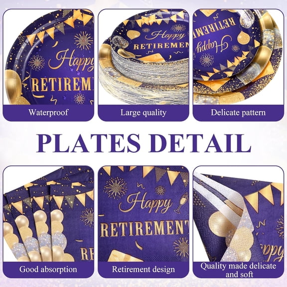 YUYAN-400 Pcs Happy Retirement Party Supplies Purple Gold Retirement Disposable Paper Plates Napkins and Cups for Men Women Say Goodbye Party Decorations Supplies