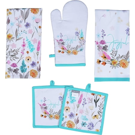 AMOUR INFINI 2 Kitchen Towels 2 Pot Holders and Oven Mitt Heat Resistant Reusable Cotton Joyful Floral 5 Pack Kitchen Set for Cooking Baking Grilling |Thanksgiving Christmas Fall Festive Gift Set