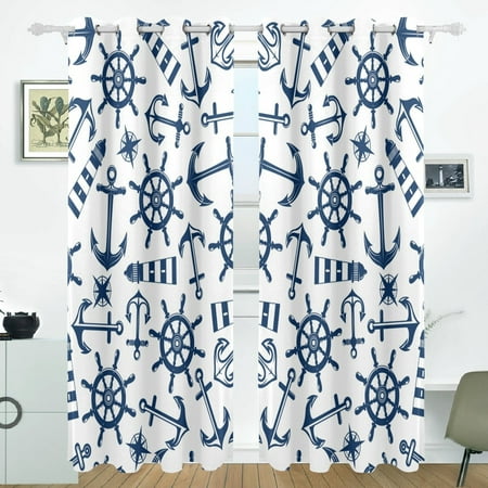 POPCreation Marine Nautical Pattern With Blue Items Window Curtain Blackout Curtains Darkening 
