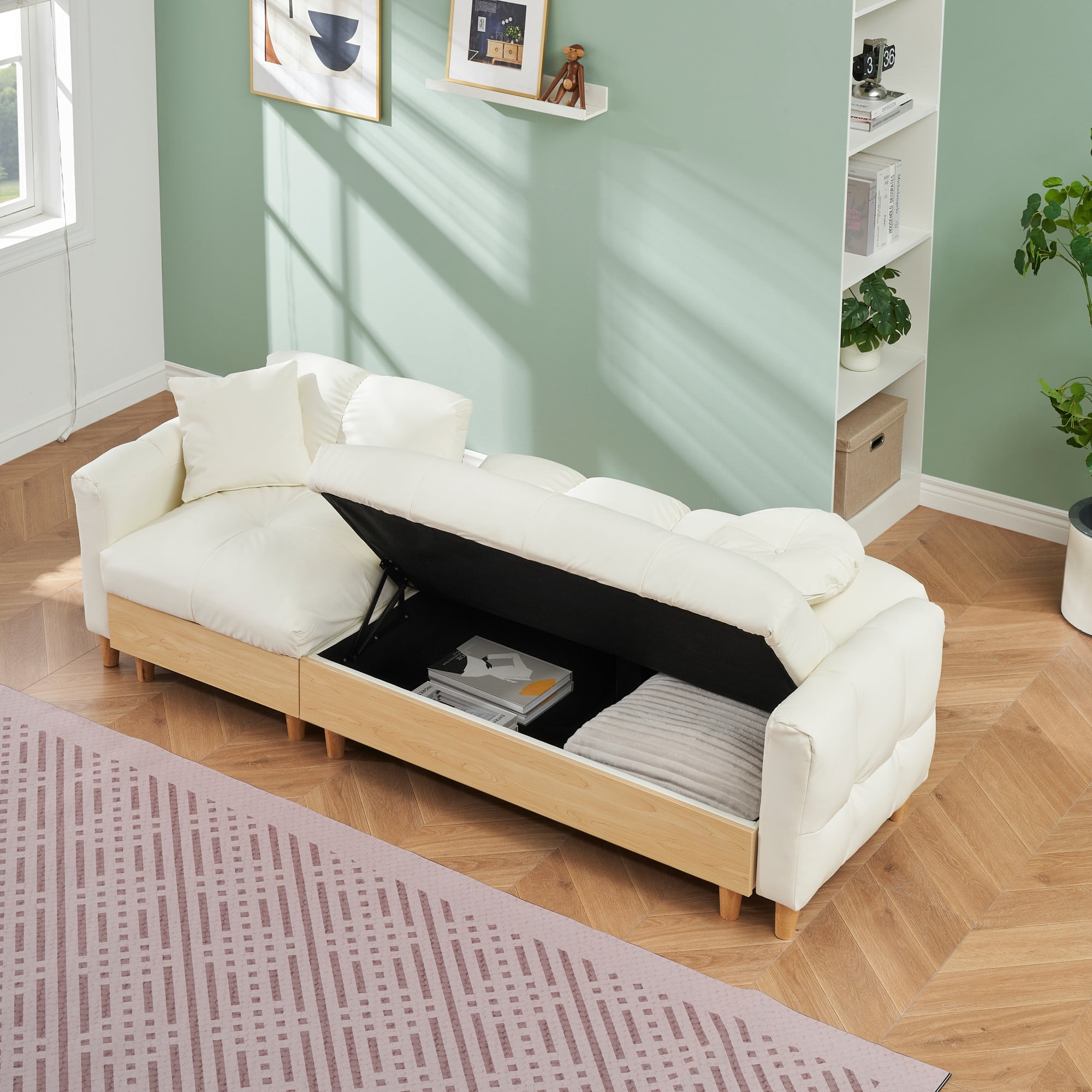 Overstuffed Sofa Couch,3 Seater Tech Cloth Upholstered Convertible Sofa Couches with Drawer and Storage Seatbase,Adjustable Backrests and Pillows, Comfy Couch for Living Room,Beige