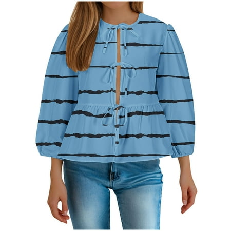 SHTXOZHI 2024 Fall Tops for Women Puff Long Sleeve Cute Babydoll Blouses Casual Lace-Up Shirt