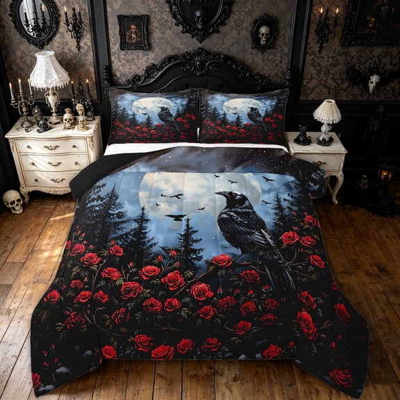 Feelyou Spooky Raven Rose Full Size Comforter Sets, Hippie Pine Tree Moon Bedding Comforter Set, Blue Red, Black Reversible, 3pcs, 1 Comforter and 2 Pillowcases