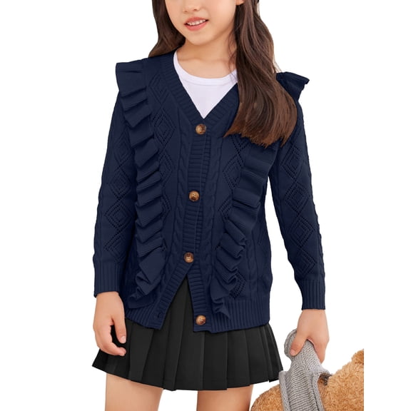 Navy Blue Girls Cardigan 4-5 Years – Ruffled Crop Lightweight Knit Sweater