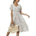thumbnail image 5 of Women Summer Floral Print V-Neck Dress Short Sleeve High Waist Midi Slim-Fit A-Line Dresses Beach Streetwear, 5 of 13