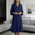 thumbnail image 6 of FDGIU Women's Collared V Neck Half Button Bell 3/4 Sleeve Loose Linen Midi Dress, Casual Office Work Spring Fall Home Lounge Straight Mid Length Dresses, 6 of 6