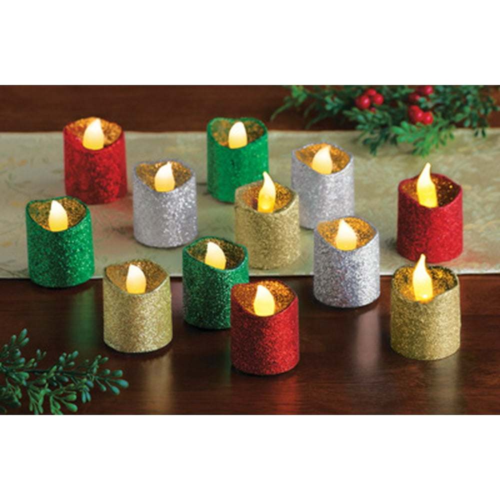 Christmas Holiday Glitter Tealight Candles Set of 12 LED Candle Light