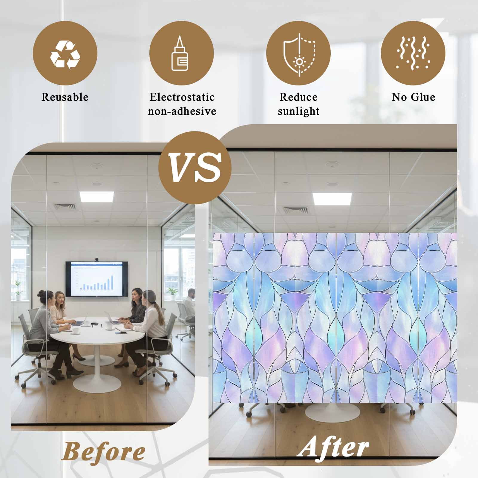 Stained Glass Window Privacy Film, Blue Purple Floral Geometric Static Cling UV Sun Blocking Heat Control Window Tint Day and Night, Non-Adhesive Reusable One Way Windows Privacy Cover 35.4''x78.7''