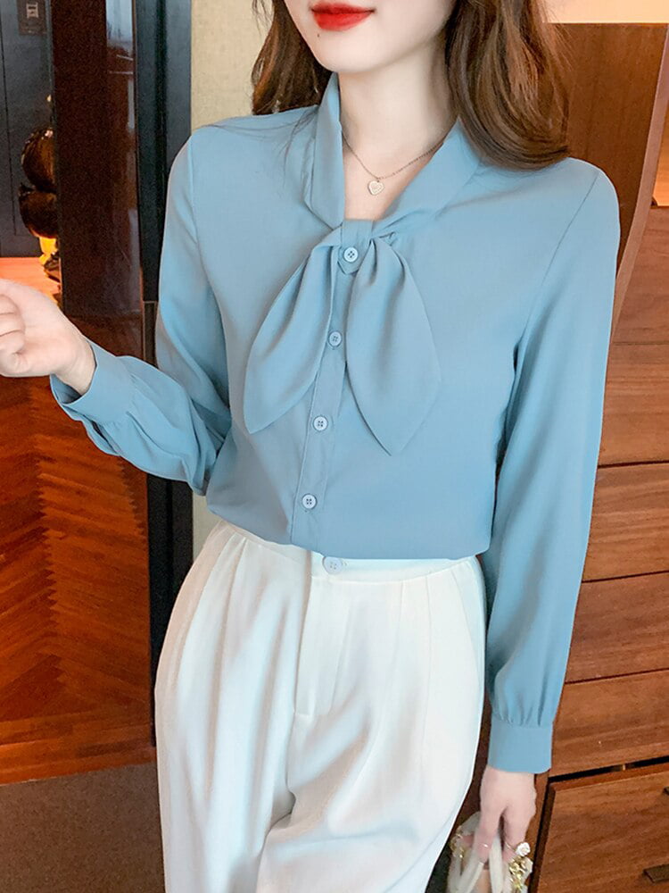 Bow Tie Tops Women Korean Style Design Clothes Flare Sleeve Elegant Office  Lady Cute Ribbon Sweet Basic Shi…