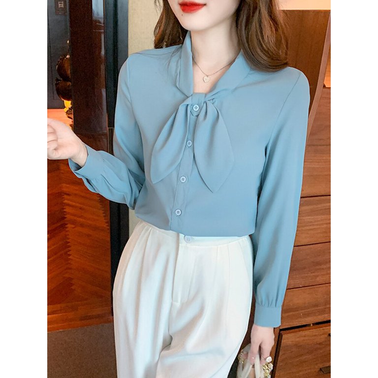 PIKADINGNIS Bow Tie Tops Women Korean Style Design Clothes Long Sleeve  Elegant Office Lady Cute Spring Sweet Basic Shirts Blouses