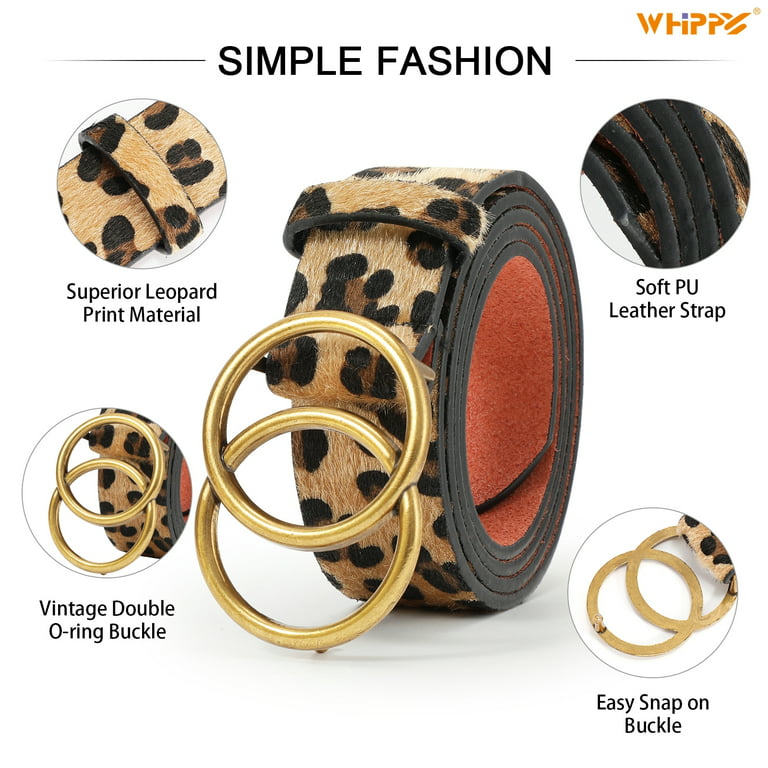 WHIPPY Women Leather Belt with Double Ring Buckle, Leopard Waist Belt for  Jeans Dress