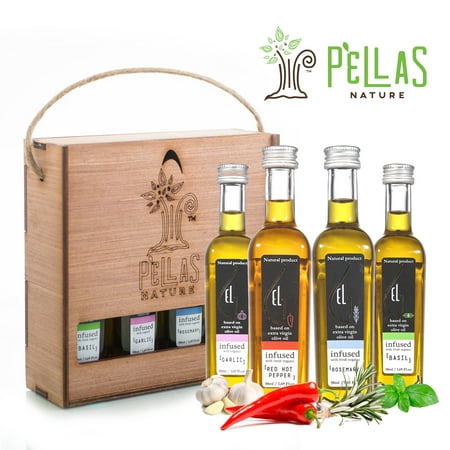 Pellas Nature | International Award Winner | Fresh Organic Infused Olive Oil Set | Finishing Oil | Basil | Garlic | Rosemary | Red Pepper | Wooden Gift Set | Single Origin Greek | 4 X 1.7oz (Best Garlic Olive Oil)