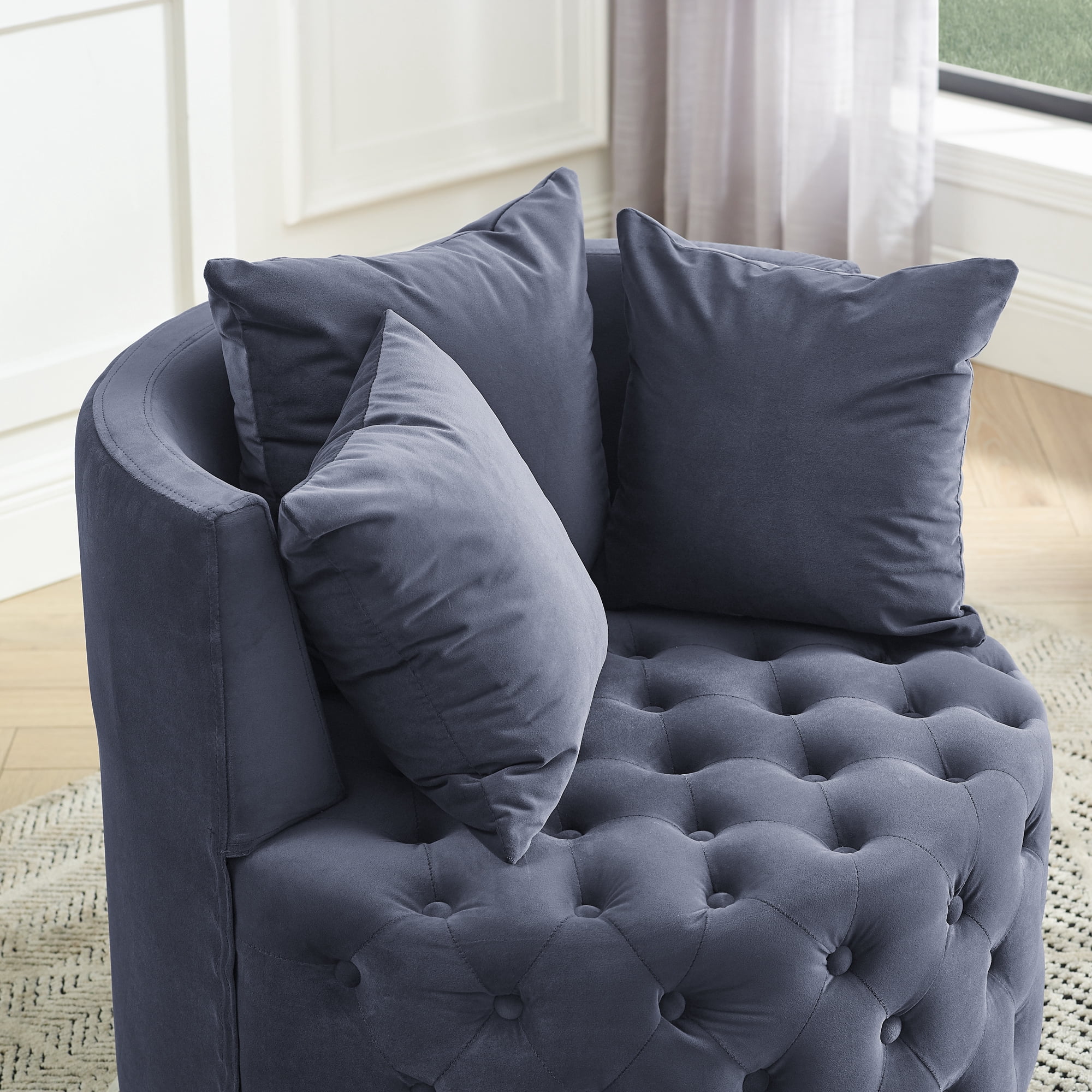 DEALTOPS Velvet Upholstered Swivel Chair for Living Room, with Button Tufted Design and Movable Wheels, Including 3 Pillows-Grey