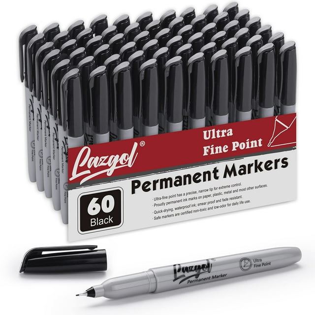 LAZGOL Rotuladores permanentes ultrafinos a granel, paquete de 60 rotuladores permanentes de punta ultrafina, color negro, rotuladores de punta de fieltro, funciona en plástico, madera, piedra, metal