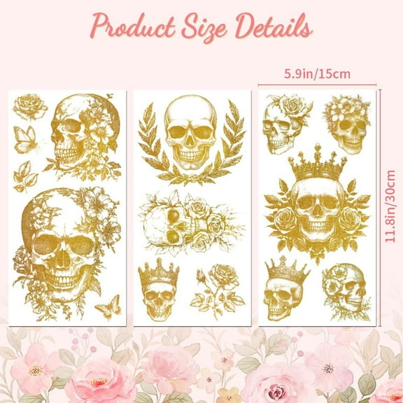 Rub on Transfer Decal Sticker for Furniture Craft Decor 6"x12" Golden Skull and Flowers 3Pcs Waterproof UV DTF Transfer for Drawer Dresser Glass Porcelain Wood Plastic Window