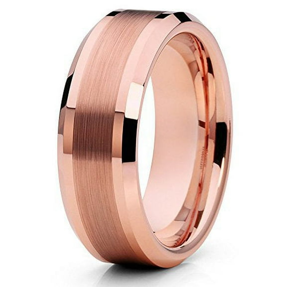 Silly Kings 8mm Brushed Rose Gold Tungsten Carbide Wedding Ring Mens Beveled Edges Womens Unisex Band
