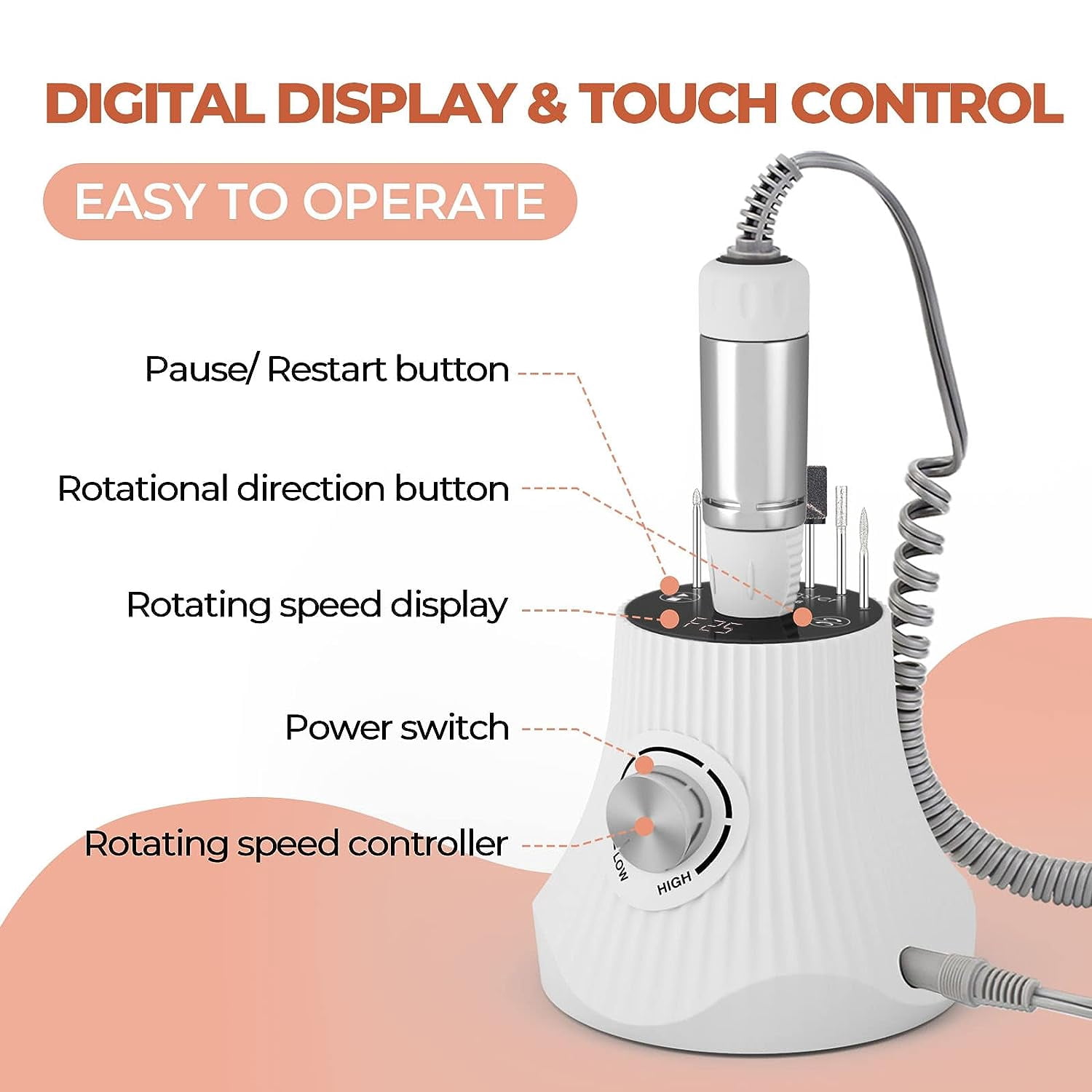 JSDA Nail Cutter for Gel Nails 30,000 rpm, Cutter for Gel Nails Acrylic Nails Including 4 x Bits for Beginners, LED Display Manicure Pedicure Set for Nail Studio
