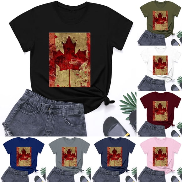 Brnmxoke Womens Summer Tops Canada Pride Vintage Style Casual Short Sleeve Round Neck Shirts Canadian Maple Leaf Graphic Business Dressy Work Blouses Army Green,S