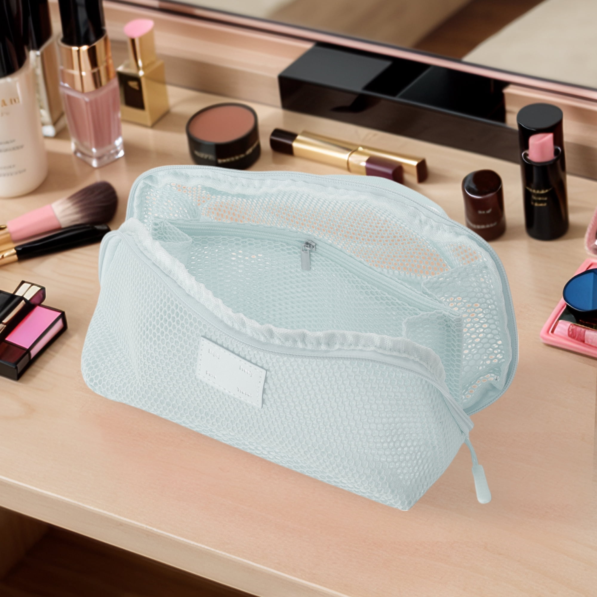Unique Bargains 1 Pc Mesh Multifunctional Portable Makeup Bag for Travel Blue, Gray