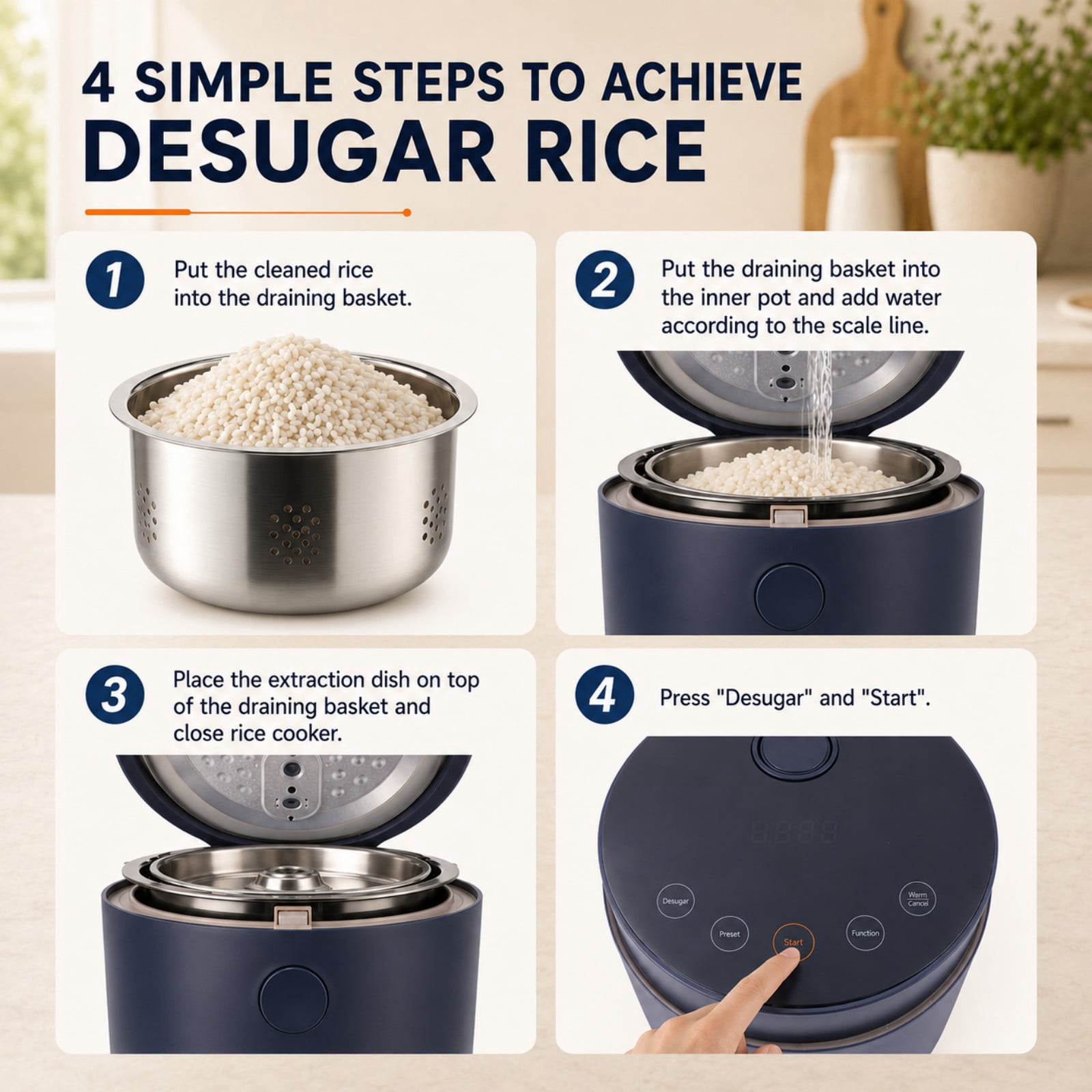 Hakka Low Carb Rice Cooker, 2L Mini Desugar Rice Cooker, 4 Cups Uncooked Rice, 7 Functions Smart Cooker with Stainless Steel Steamer, Non-Stick Inner Pot and 24H Delay Timer