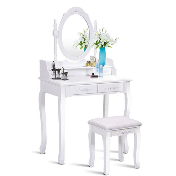White Vanity Makeup Dressing Table With Mirror 4 Drawers 29 5 X 15 7 X 57 0 Walmart Com Walmart Com