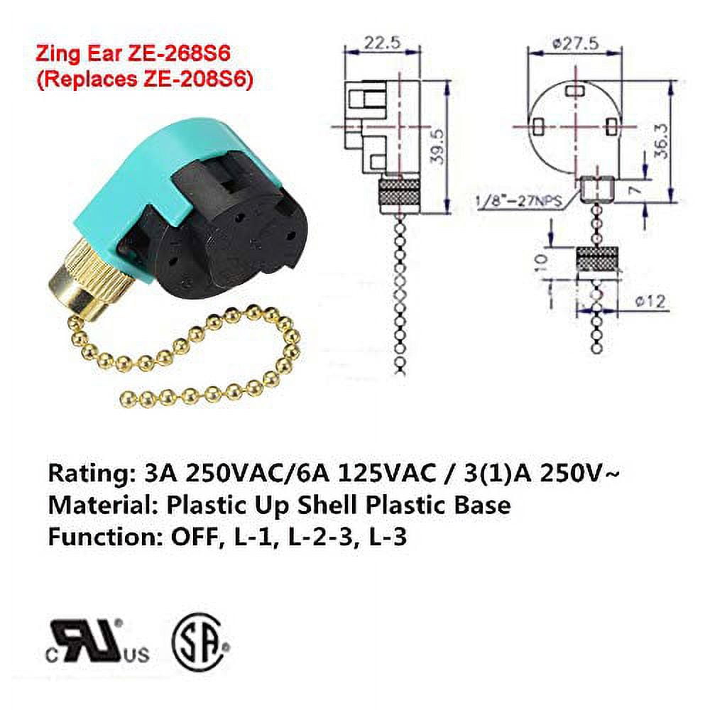 Zing Ear ZE-268S6 Ceiling Fan Switch - 4 Wire 3 Speed Pull Chain (Silver) 7 thumbnail image