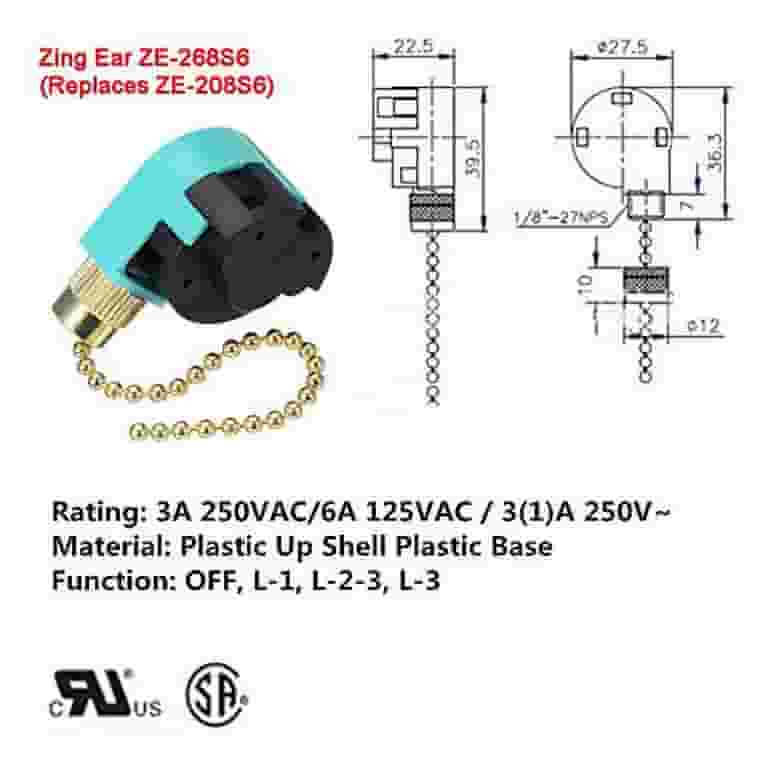 Zing Ear ZE-268S6 Ceiling Fan Switch - 4 Wire 3 Speed Pull Chain (Silver)