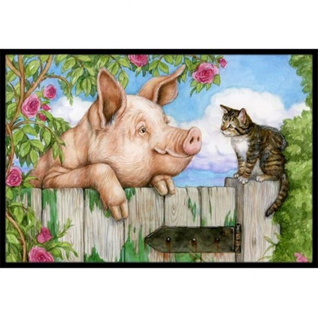 Carolines Treasures CDCO0349JMAT Cochon à la Porte avec le Chat Tapis Intérieur Ou Extérieur- 24 x 36