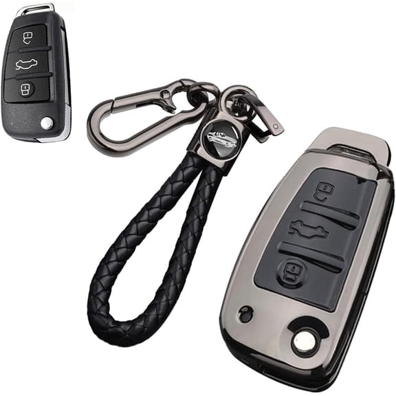 Zinc Alloy Plating Flip Key Fob Cover for Audi A1 A3 S3 S8 Quattro R8 Q3 Q7 TT Keyless 3 Buttons Key Fob Case with Braided Keychain