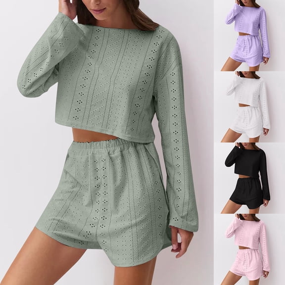 SAZBJOJN Pajamas for Women Set 2 Piece Simple Long Sleeve Top And Shorts Comfy Sleepwear Set Casual Soft Breathable Loose Loungewear Womens Pajama Sets White Size M