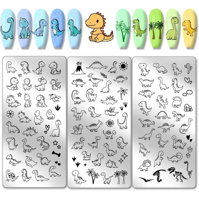 3 placas de estampado de uñas con dinosaurios, plantillas para uñas con diseño de dinosaurios, amor, sol y plantas, placas de acero inoxidable con imágenes.