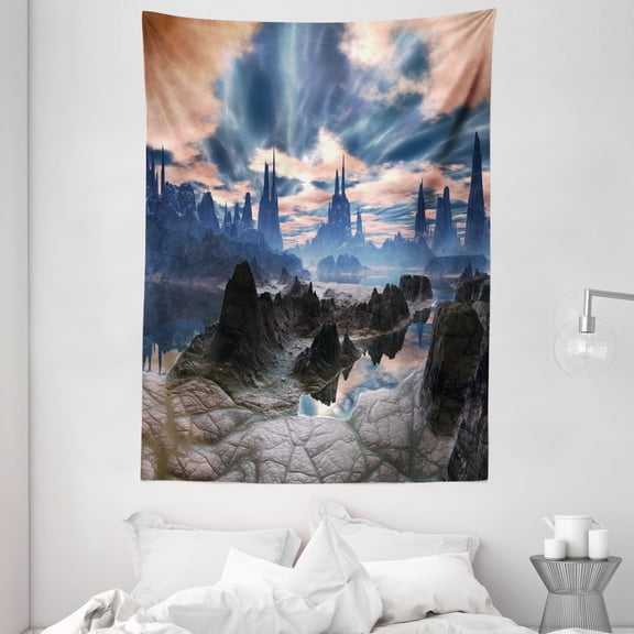Fantasy Tapestry, Stormy Apocalypse Sky with Clouds over Rock Towers on Alien World, Wall Hanging for Bedroom Living Room Dorm Decor, 60W X 80L Inches, Dark Blue Peach Dark Brown, by Ambesonne