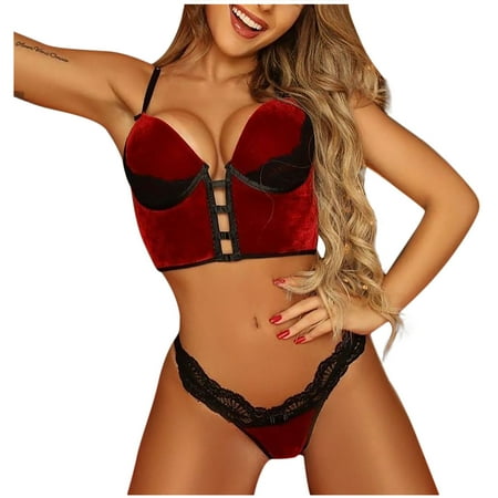 

Yubnlvae Lingerie Corset Lace Tops+Briefs Velvet Sleepwear Underwire Underwear Women