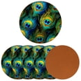 thumbnail image 2 of Peacock Feathers 6PCS Round Microfiber Leather Coasters Set, 11x11 cm/4.3x4.3 in, Drink Mats for Table and Absorption, Stylish Beverage Coasters for Home and Office Décor, 2 of 6