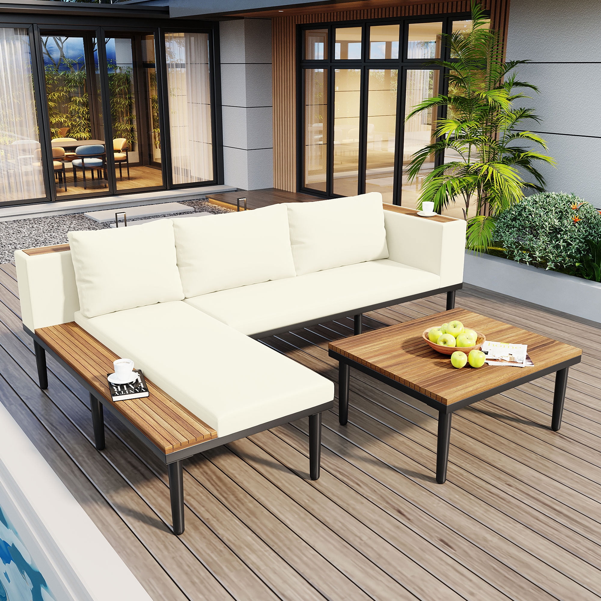 Acacia Wood L-Shaped Outdoor Sectional Sofa, Patio Conversation Set with Removable Cushions, Coffee & Side Table for Porch Backyard