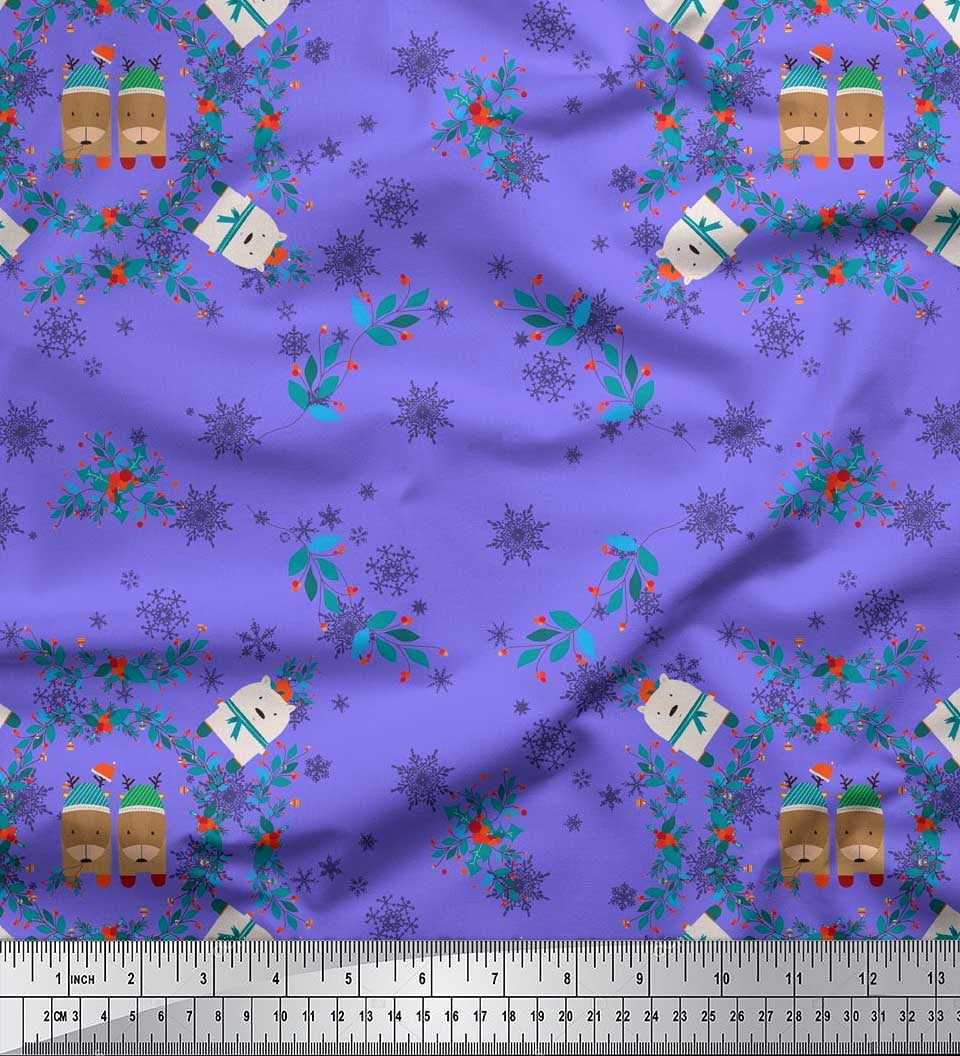 Soimoi Purple Moss Georgette Fabric Bear,Leaves & Baubles Christmas Fabric Prints By Yard 42 Inch Wide