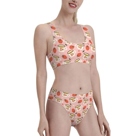 Uemuo Floral Mugs And Strawberries Printed Women s High Waisted Bikini Sets Sporty Two Piece Swimsuits Color Block Cheeky High Cut Bathing Suits-Small