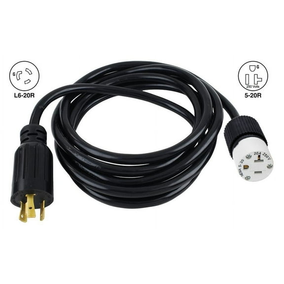 15ft 12 AWG 20A 250V Heavy-Duty Power Cord NEMA L6-20P to 5-20R Black