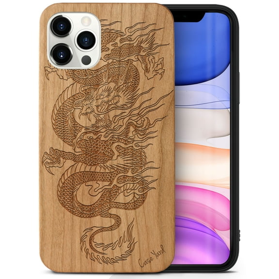 Case Yard Wooden Case Outside Soft TPU Silicone, Slim Fit Shockproof Wood Protective Phone Cover for Girls Boys Men and Women, Supports Wireless Charging Dragon Design case for iPhone-11-Pro